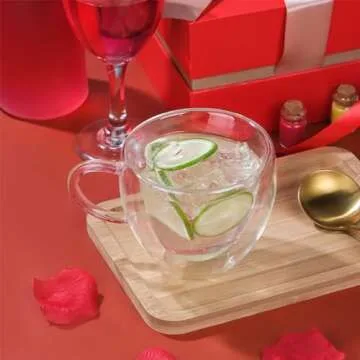 WHJY Double Wall Glass Coffee Mugs，Clear Coffee Cups Clear Unique Coffee Cups Heart Shaped Mug 5 oz Espresso Cups Heart Mugs Set of 2