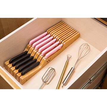 W Selections Bamboo Knife Drawer Organizer Block - Kitchen Storage Holder for Knives Organization - Saves Counter Drawer Space for Home Cooking Chef - Organic Moso Bamboo Tray of Premium Quality