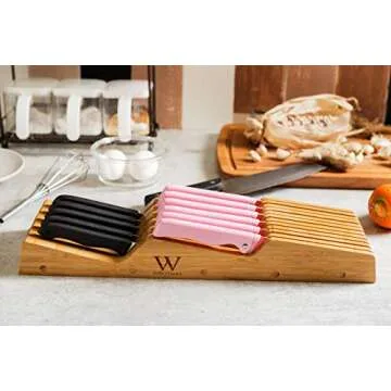W Selections Bamboo Knife Drawer Organizer Block - Kitchen Storage Holder for Knives Organization - Saves Counter Drawer Space for Home Cooking Chef - Organic Moso Bamboo Tray of Premium Quality