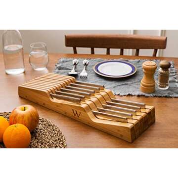 W Selections Bamboo Knife Drawer Organizer Block - Kitchen Storage Holder for Knives Organization - Saves Counter Drawer Space for Home Cooking Chef - Organic Moso Bamboo Tray of Premium Quality