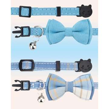 Gyapet Cat Collar Breakaway Bowtie Safety with Bell Adjustbale Kitten Puppy Solid Plaid Color Set J-[2pcs] Blue
