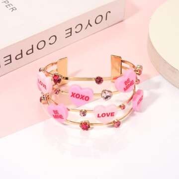 XOCARTIGE Valentine’s Day Cuff Bracelets for Women Conversation Heart Bracelets Candy Heart LOVE XOXO Bracelet Bangles Valentine’s Day Jewelry Accessories Outfits Gifts (Style B)