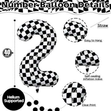 40 Inch 2nd Birthday Number Balloon, Checkered Foil Self Inflating 2 Balloons Decor, Big Black and W...