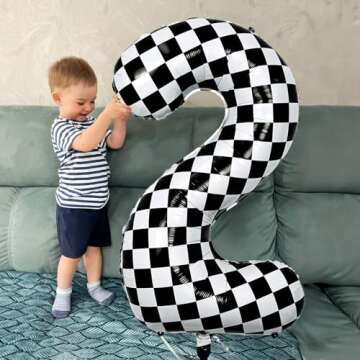 40 Inch 2nd Birthday Number Balloon, Checkered Foil Self Inflating 2 Balloons Decor, Big Black and White Racing Helium Number 2 Balloons for Girls Boys Birthday Race Car Flag Party Decoration Supplies