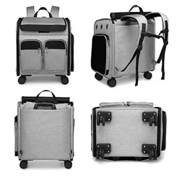 Wheeled Pet Carrier Backpack Pet Stroller, Travel Carrier, Car Seat for Small Dogs Cats Puppies, Comfort Cat Backpack Removable Rolling Wheels – Mesh Ventilation Windows (Large Grey)