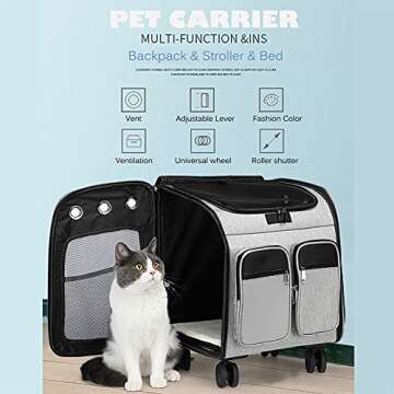 Wheeled Pet Carrier Backpack Pet Stroller, Travel Carrier, Car Seat for Small Dogs Cats Puppies, Comfort Cat Backpack Removable Rolling Wheels – Mesh Ventilation Windows (Large Grey)