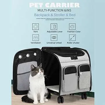 Wheeled Pet Carrier Backpack Pet Stroller, Travel Carrier, Car Seat for Small Dogs Cats Puppies, Comfort Cat Backpack Removable Rolling Wheels – Mesh Ventilation Windows (Large Grey)