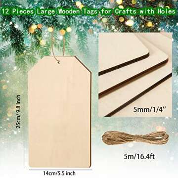 12 Pcs Large Christmas Wooden Tags with Holes Unfinished Hanging Wood Ornaments Blank Wood Present Tags Wooden Cutouts with Rope for DIY Craft Halloween Thanksgiving Xmas Tree Decor,9.8 x 5.5 Inch