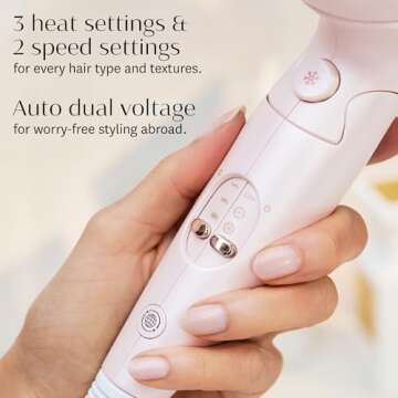 T3 Afar Lightweight Travel-Size Hair Dryer with Auto Dual Voltage, Folding Handle, Fast Drying, Lightweight and Ergonomic, Frizz Smoothing, Multiple Heat and Speed Combinations