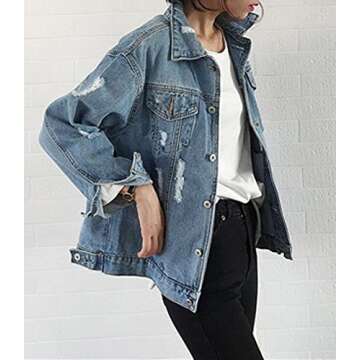 JUDYBRIDAL Oversize Denim Jacket for Women Ripped Jean Jacket Boyfriend Long Sleeve Coat Blue L