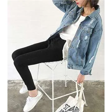 JUDYBRIDAL Oversize Denim Jacket for Women Ripped Jean Jacket Boyfriend Long Sleeve Coat Blue L