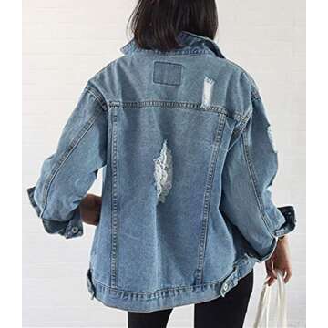 JUDYBRIDAL Oversize Denim Jacket for Women Ripped Jean Jacket Boyfriend Long Sleeve Coat Blue L
