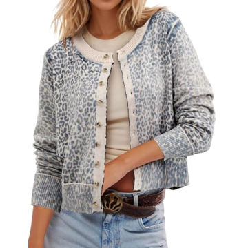 Burtell Women Leopard Cropped Cardigan Sweater Casual Camo Long Sleeve Open Front Cardigan Button Do...