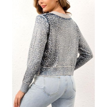 Burtell Women Leopard Cropped Cardigan Sweater Casual Camo Long Sleeve Open Front Cardigan Button Down Knit Sweater Outerwear