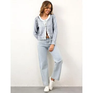 Burtell Women Leopard Cropped Cardigan Sweater Casual Camo Long Sleeve Open Front Cardigan Button Down Knit Sweater Outerwear