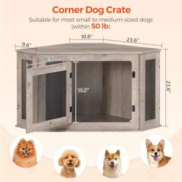 MAHANCRIS Corner Dog Crate Furniture, Wooden Dog Kennel End Table, Decorative Pet Crate Indoor Use, Furniture Style Dog House for Small Medium Dog, Dog Cage TV Stand, Greige and Black DCHG0801