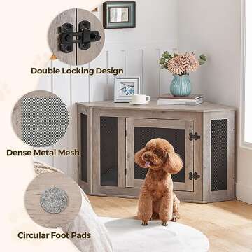 MAHANCRIS Corner Dog Crate Furniture, Wooden Dog Kennel End Table, Decorative Pet Crate Indoor Use, Furniture Style Dog House for Small Medium Dog, Dog Cage TV Stand, Greige and Black DCHG0801