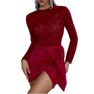 Women's Red Long Sleeve Sparkly Lace Bow Ruched Cocktail Gown Evening Party Midi Dress