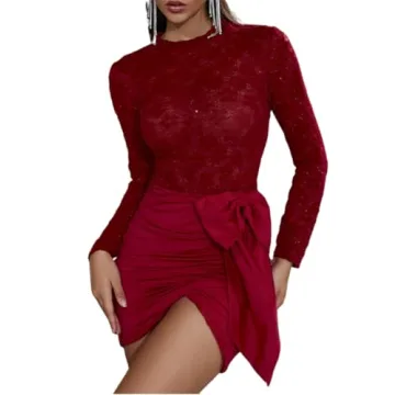 Women's Red Long Sleeve Sparkly Lace Bow Ruched Cocktail Gown Evening Party Midi Dress