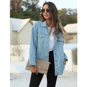 PUWEI Women's Oversized Denim Jacket Distressed Lapel Button Up Long Sleeve Jean Jacket with Pockets...