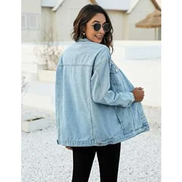 PUWEI Women's Oversized Denim Jacket Distressed Lapel Button Up Long Sleeve Jean Jacket with Pockets(1452-LightBlueX1-M)