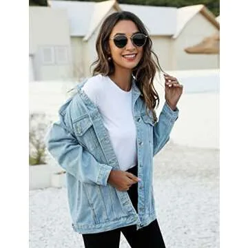PUWEI Women's Oversized Denim Jacket Distressed Lapel Button Up Long Sleeve Jean Jacket with Pockets(1452-LightBlueX1-M)