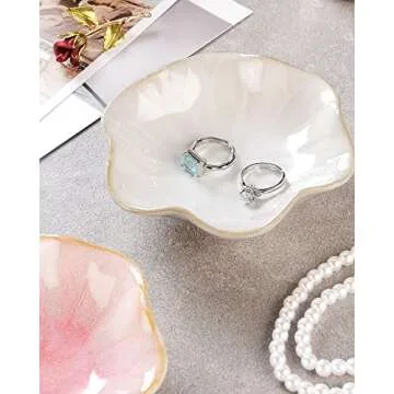 JAMEND CLXP 2PCS Lotus Leaf Shape Ring Holder Dish, Small Key Bowl, Ceramic Trinket Tray Jewelry Dish Organizing Necklace Earrings for Mom Friend Sister, All Jewelries Are NOT Included. White +Pink.…