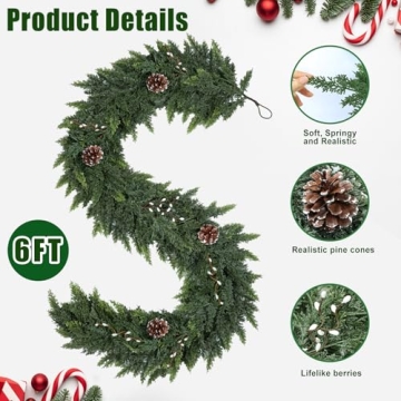 Realistic Christmas Garland for Mantle 6FT Real Touch Thick/Lush Artificial Cedar Garlands with Pine Cones/White Berries Decorations Indoor Christmas Garland for Stairs Railing Outdoor Holiday Decor