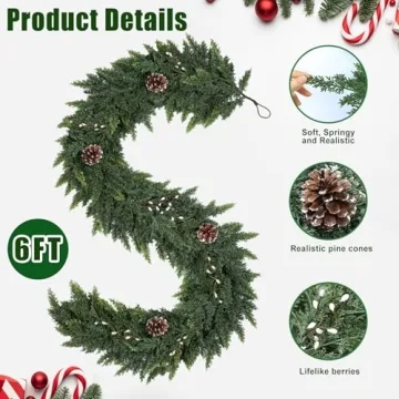 Realistic Christmas Garland for Mantle 6FT Real Touch Thick/Lush Artificial Cedar Garlands with Pine Cones/White Berries Decorations Indoor Christmas Garland for Stairs Railing Outdoor Holiday Decor