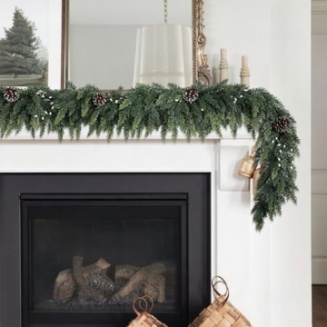 Realistic Christmas Garland for Mantle 6FT Real Touch Thick/Lush Artificial Cedar Garlands with Pine Cones/White Berries Decorations Indoor Christmas Garland for Stairs Railing Outdoor Holiday Decor
