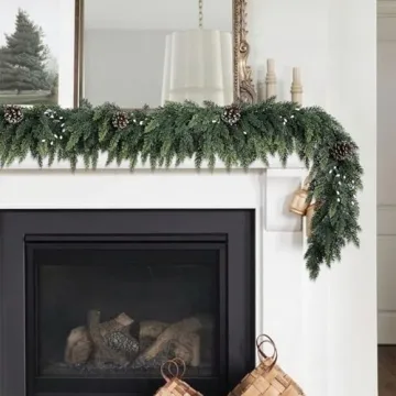 Realistic Christmas Garland for Mantle 6FT Real Touch Thick/Lush Artificial Cedar Garlands with Pine Cones/White Berries Decorations Indoor Christmas Garland for Stairs Railing Outdoor Holiday Decor