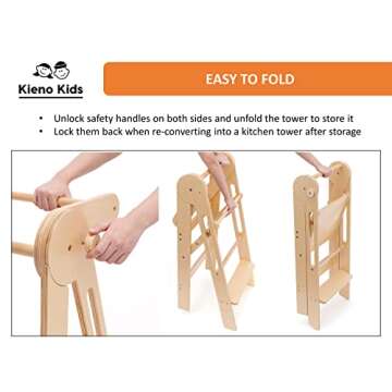 Foldable Standing Kitchen Stool for Kids, Toddler Tower (Natural Wood Color)