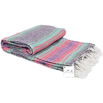 Open Road Goods Multi Color Mexican Falsa Blanket - Handwoven in Mexico - Great for The Beach, Picnics, Yoga, or a Throw! (Grey Pastel)
