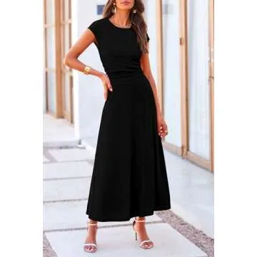 PRETTYGARDEN Women's 2 Piece Summer Outfits Dressy Casual Knit Short Sleeve Crop Top High Waist Midi Skirt Set (Black,Small)