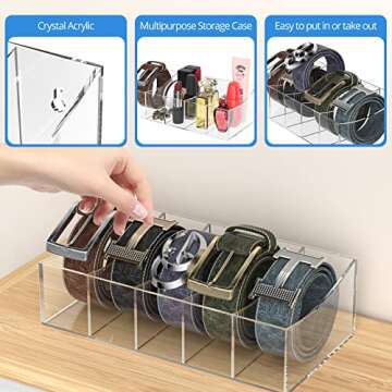 KDSKSC Belt Organizer, Acrylic Belt Storage Holder for The Closet and Drawer, 5 Compartments Belt Container Clear Display Case for Tie and Bow Tie