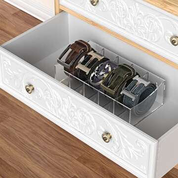 KDSKSC Belt Organizer, Acrylic Belt Storage Holder for The Closet and Drawer, 5 Compartments Belt Container Clear Display Case for Tie and Bow Tie