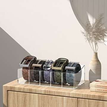 KDSKSC Belt Organizer, Acrylic Belt Storage Holder for The Closet and Drawer, 5 Compartments Belt Container Clear Display Case for Tie and Bow Tie