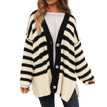 PRETTYGARDEN Women's Winter Striped Cardigan Sweaters Long Sleeve Button Down Open Front Chunky Knit Oversized Sweater Coat (Striped Beige Black,Small)