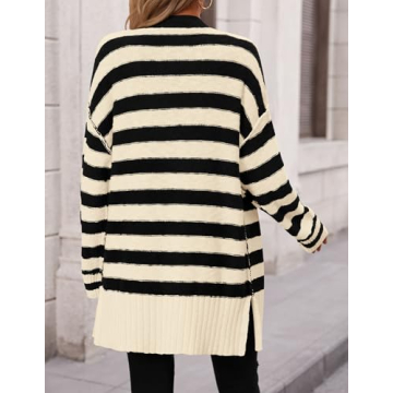 PRETTYGARDEN Women's Winter Striped Cardigan Sweaters Long Sleeve Button Down Open Front Chunky Knit Oversized Sweater Coat (Striped Beige Black,Small)