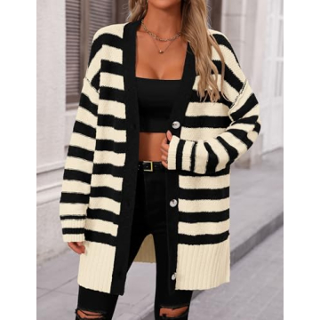 PRETTYGARDEN Women's Winter Striped Cardigan Sweaters Long Sleeve Button Down Open Front Chunky Knit Oversized Sweater Coat (Striped Beige Black,Small)