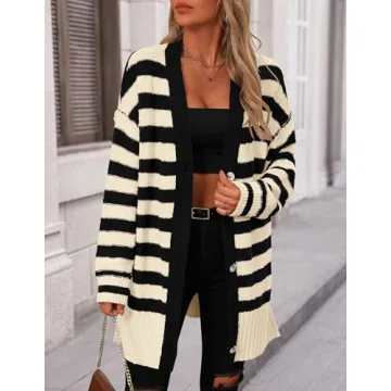 PRETTYGARDEN Women's Winter Striped Cardigan Sweaters Long Sleeve Button Down Open Front Chunky Knit Oversized Sweater Coat (Striped Beige Black,Small)