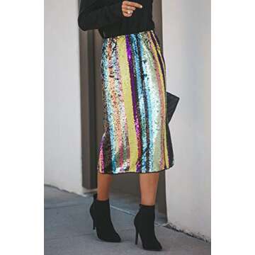 MarcoJudy Womens Rainbow Striped Tie Dye High Waist Bodycon Midi Pencil Skirt (Medium, Sequin)