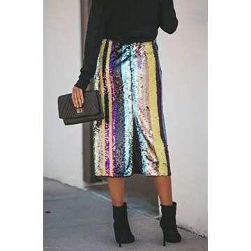 MarcoJudy Rainbow Striped Tie Dye Sequin Midi Skirt