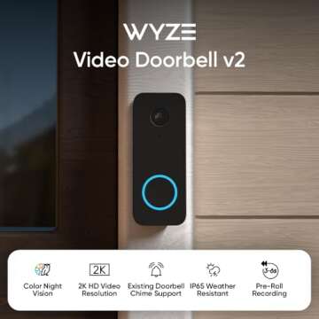 WYZE Video Doorbell v2, Wired, 2K Video, Two-Way Audio, Color Night Vision, Works with Existing Chim...