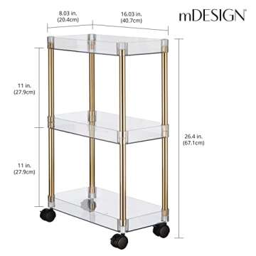 mDesign Slim 3-Tier Rolling Storage Cart with Wheels
