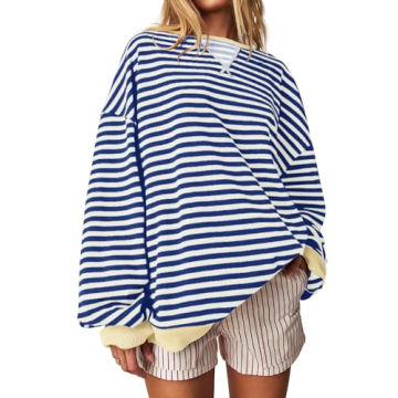 Fisoew Women's Striped Oversized Sweatshirt - Stylish Color Block Crew Neck