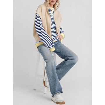 Fisoew Women's Oversized Striped Sweatshirt - Casual Style