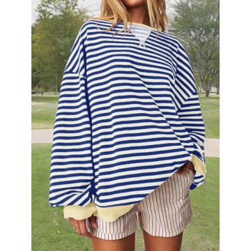 Fisoew Women's Oversized Striped Sweatshirt - Casual Style