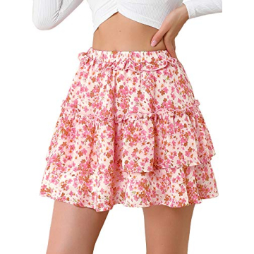 Allegra K Women's Layered Ruffle Hem Elastic Waist A-Line Skater Floral Mini Skirt in Medium Pink