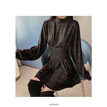 Goth Long Sleeve Dress Gothic Harajuku Vintage Plaid Wrap Balck Mini Dress Retro Pleated Punk Long S...